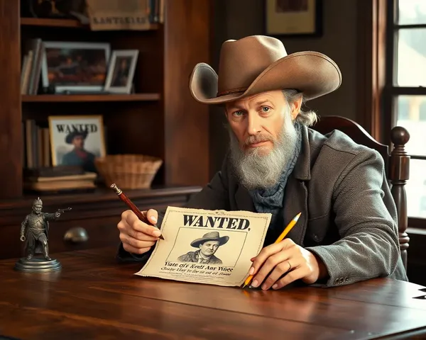 Wild West King Edits Wanted Poster at Desk