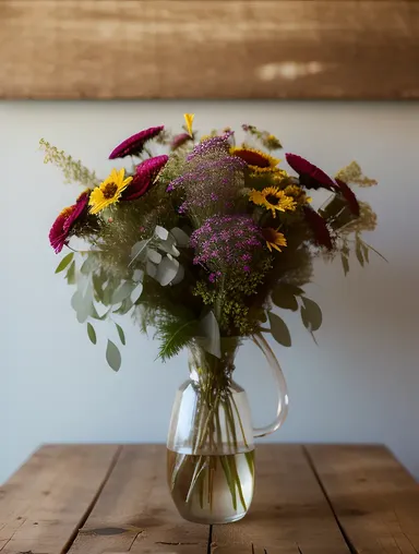 Wildflowers Worn Wooden Table Soft Focus Warm Lighting