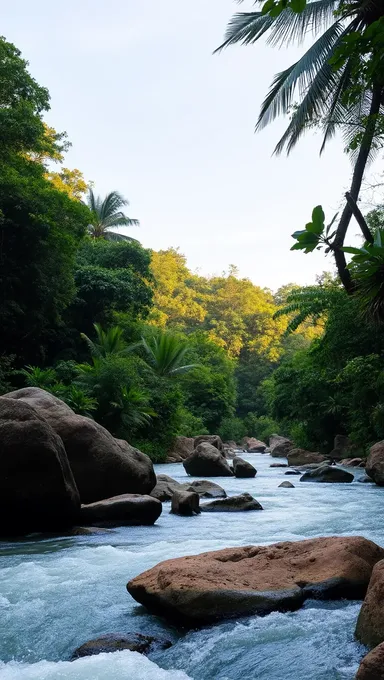 Winding River Through Rainforest Heart with Lush Vegetation