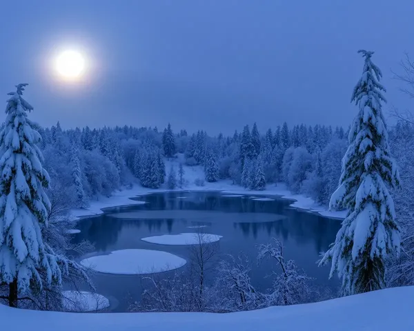 Winter Wonderland Scene with Snow-Covered Trees and Frozen Lake