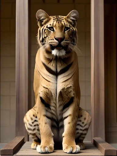 Wise Tigon Rules Over Feline Kingdom from Throne