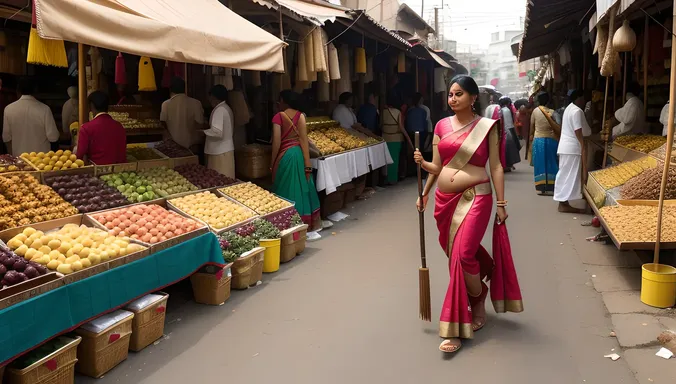 Woman Carries Karaga Pole through Indian Market