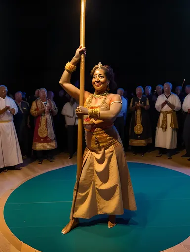 Woman Dances with Karaga Pole in Traditional Attire Amidst Sea of People