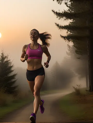 Woman Running in Sports Bra with Misty Forest Sunset