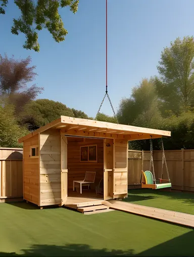 Wooden Shed with Plywood Roof and Backyard Oasis