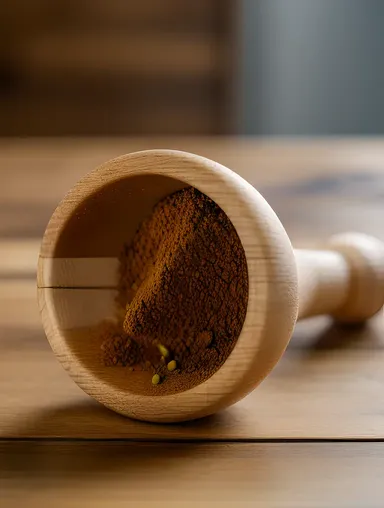 Worn Wooden Pestle on Rustic Table with Fresh Spices