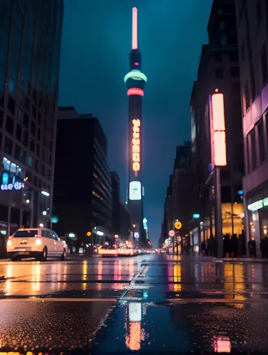 XX Com Advertisement Towers Over City Street at Night
