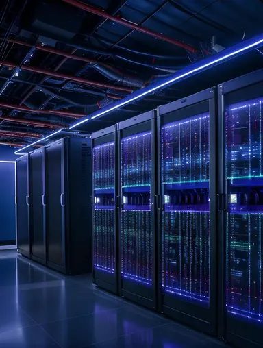 XX Com Data Center with Rows of Humming Servers