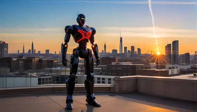 XX-Logo Robot in Front of City Skyline