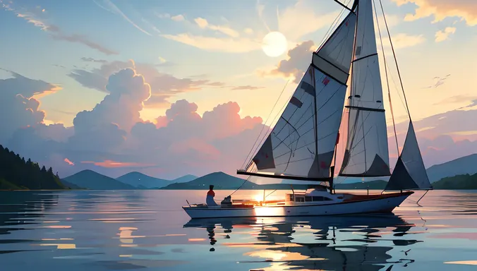 Yachtsman Sails Across Serene Lake on Sunny Morning.