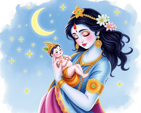 Yashoda Cradling Baby Krishna in Her Arms Amidst Stars