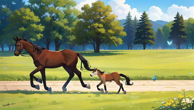 Yearling Foal Takes First Steps in Green Meadow.