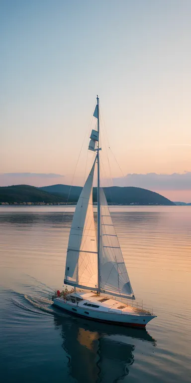 Yellow Yacht Sails on Calm Lake Sunset