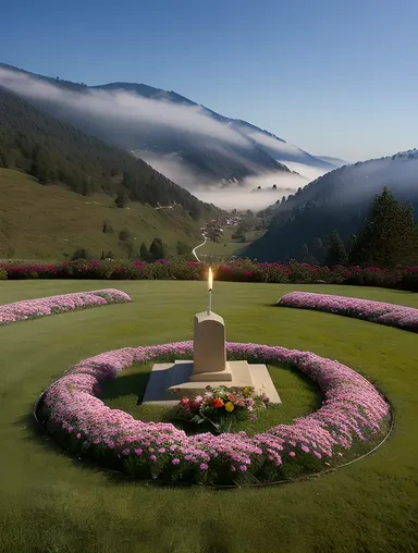 Yogananda's Grave with Flowers and Candles and Gentle Mist.