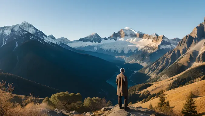 Yogananda Standing Before Majestic Mountain Range for Inner Strength