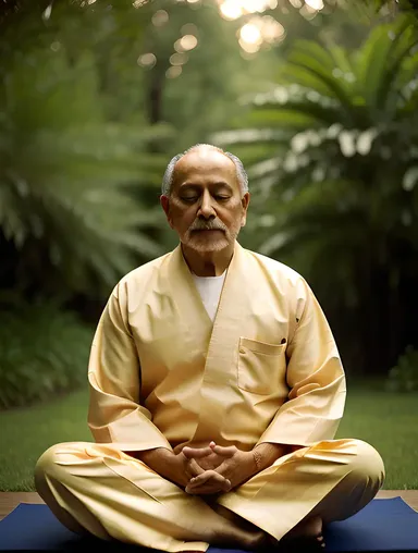 Yogananda in Serene Meditation with Lush Greenery and Golden Light.