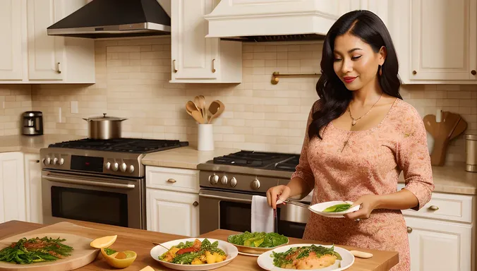 Young Aunty Cooks Delicious Meal in Cozy Kitchen