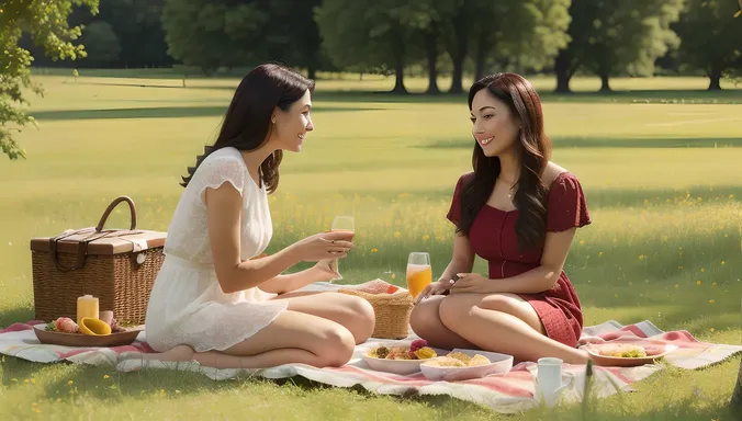 Young Aunty Has Picnic with Loved Ones in Meadow
