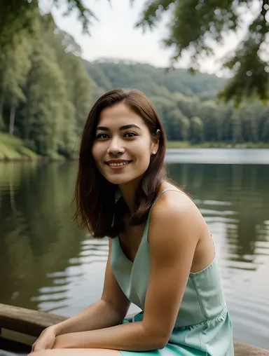 Young Aunty Photo: Peaceful Moment by the Serene Lake