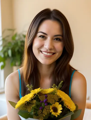 Young Aunty Photo: Warm Smile and Fresh Flowers Surround Her