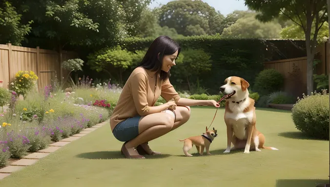 Young Aunty Plays with Pet Dog in Garden