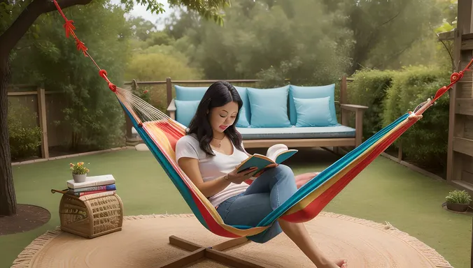 Young Aunty Reads Book on Hammock in Backyard
