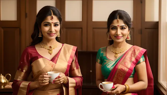 Young Aunty in Traditional Indian Attire with Tea