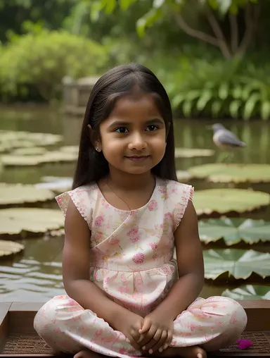 Young Bindusara in Peaceful Garden Scene with Lotus Flowers