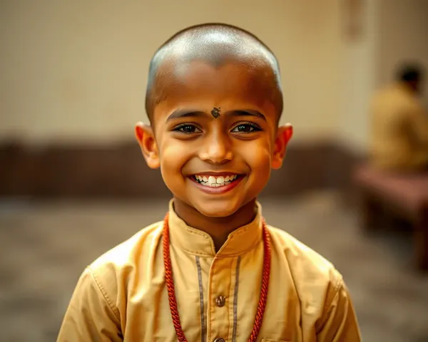Young Boy Smiles after Mundan Ceremony PNG