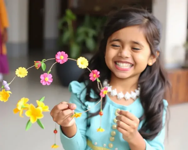 Young Girl Plays with Artificial Gajra Flowers