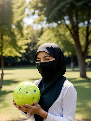 Young Girl Wearing Niqab Plays with Ball in Sunny Park
