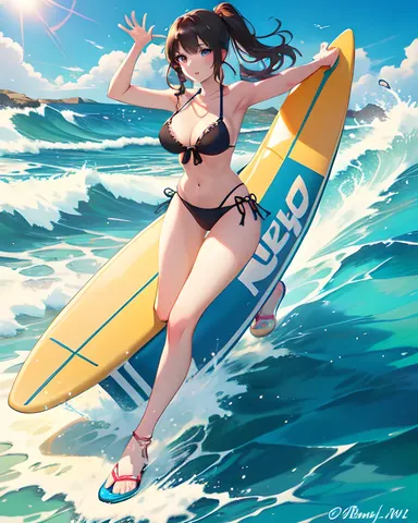 Young Gril Rides Big Wave on Sunny Beach Day