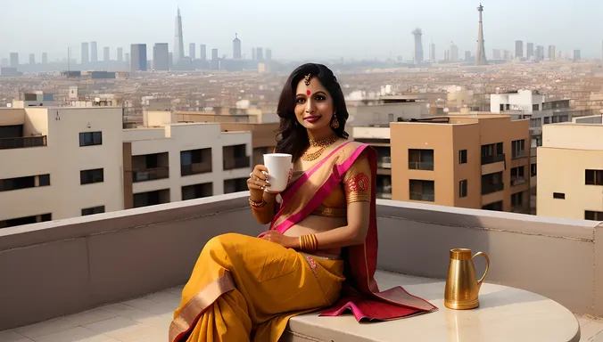 Young Indian Bhabhi's Chai Break with City View