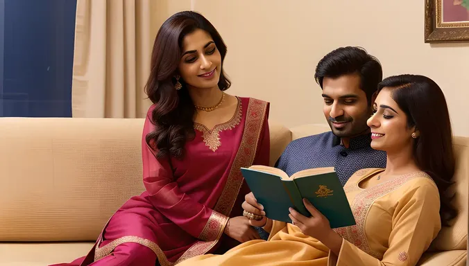 Young Indian Bhabhi Relaxing with Family in Casual Salwar Kameez