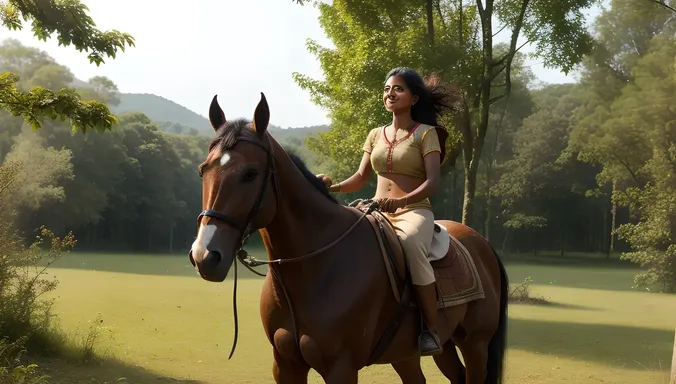 Young Indian Girl Rides Horse through Forest with Wind in Hair