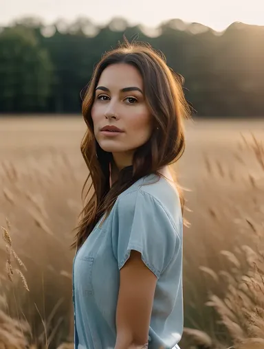 Young Woman Field Tall Grass Warm Sun Gentle Breeze