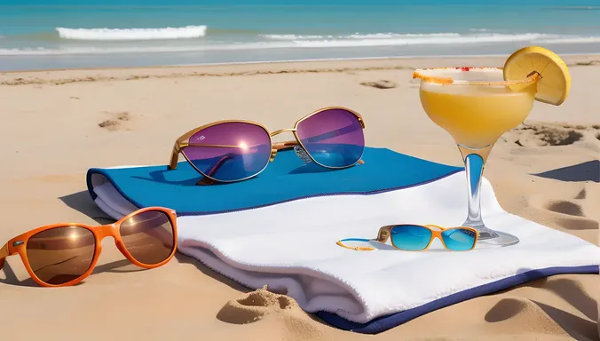 theetam Shell on Beach Towel with Sunglasses and Book