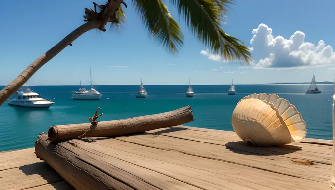 theetam Shell on Driftwood Branch Overlooking Ocean