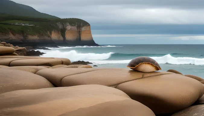 theetam Shell on Rocky Outcropping Overlooking Stormy Sea