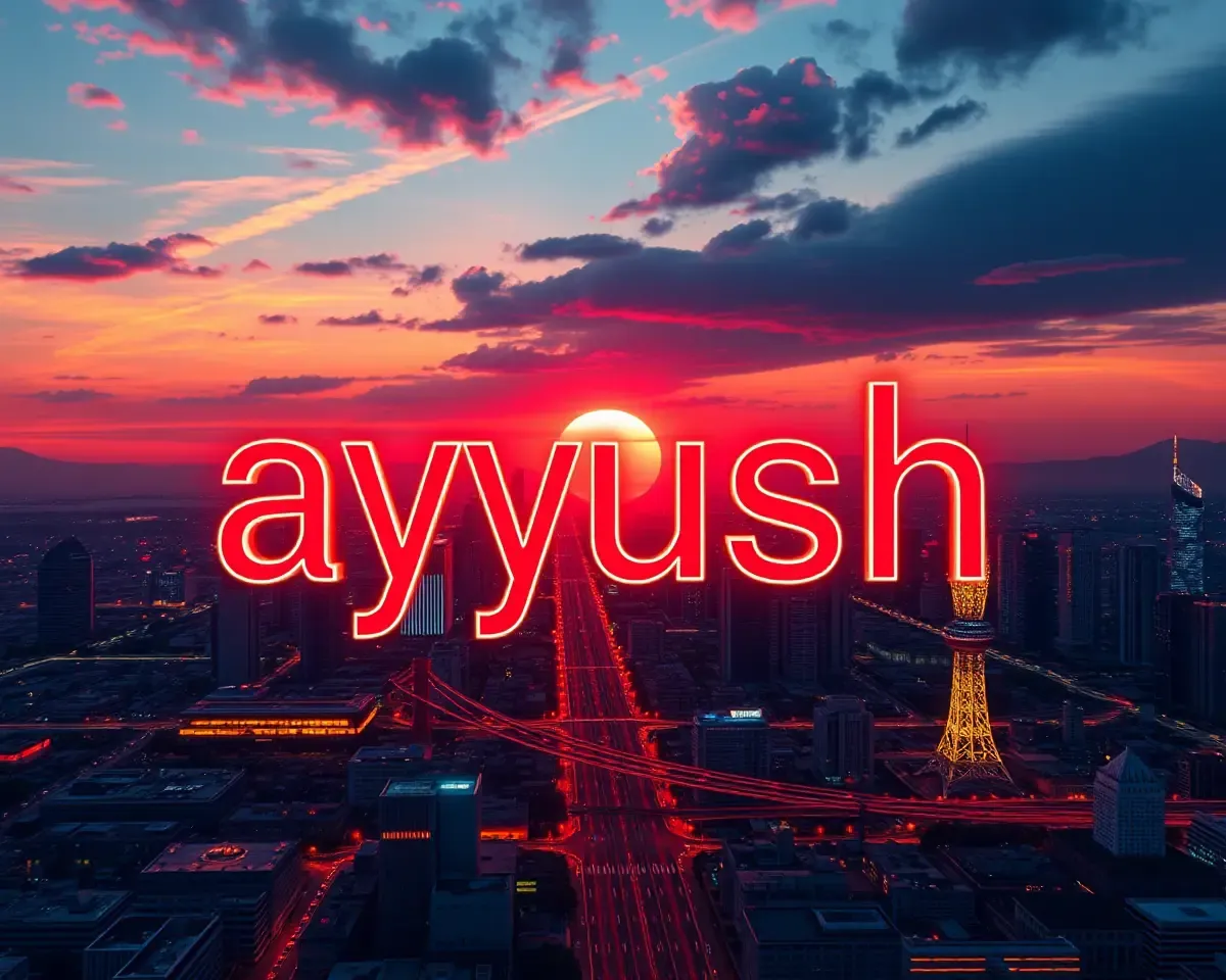 **Ayush** in Neon Font: Futuristic Cityscape Sunset