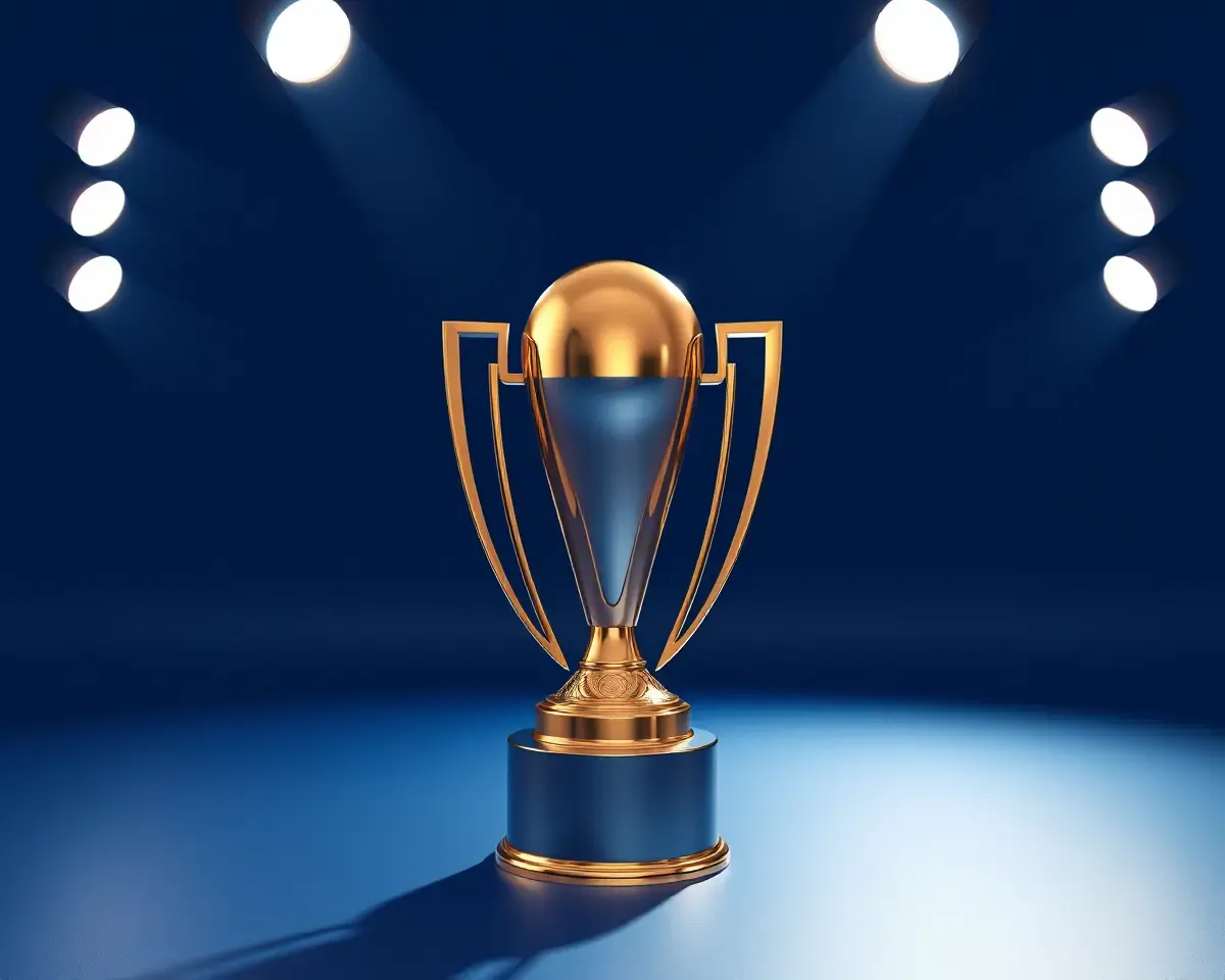 3D Cricket World Cup Trophy on Dark Blue Background