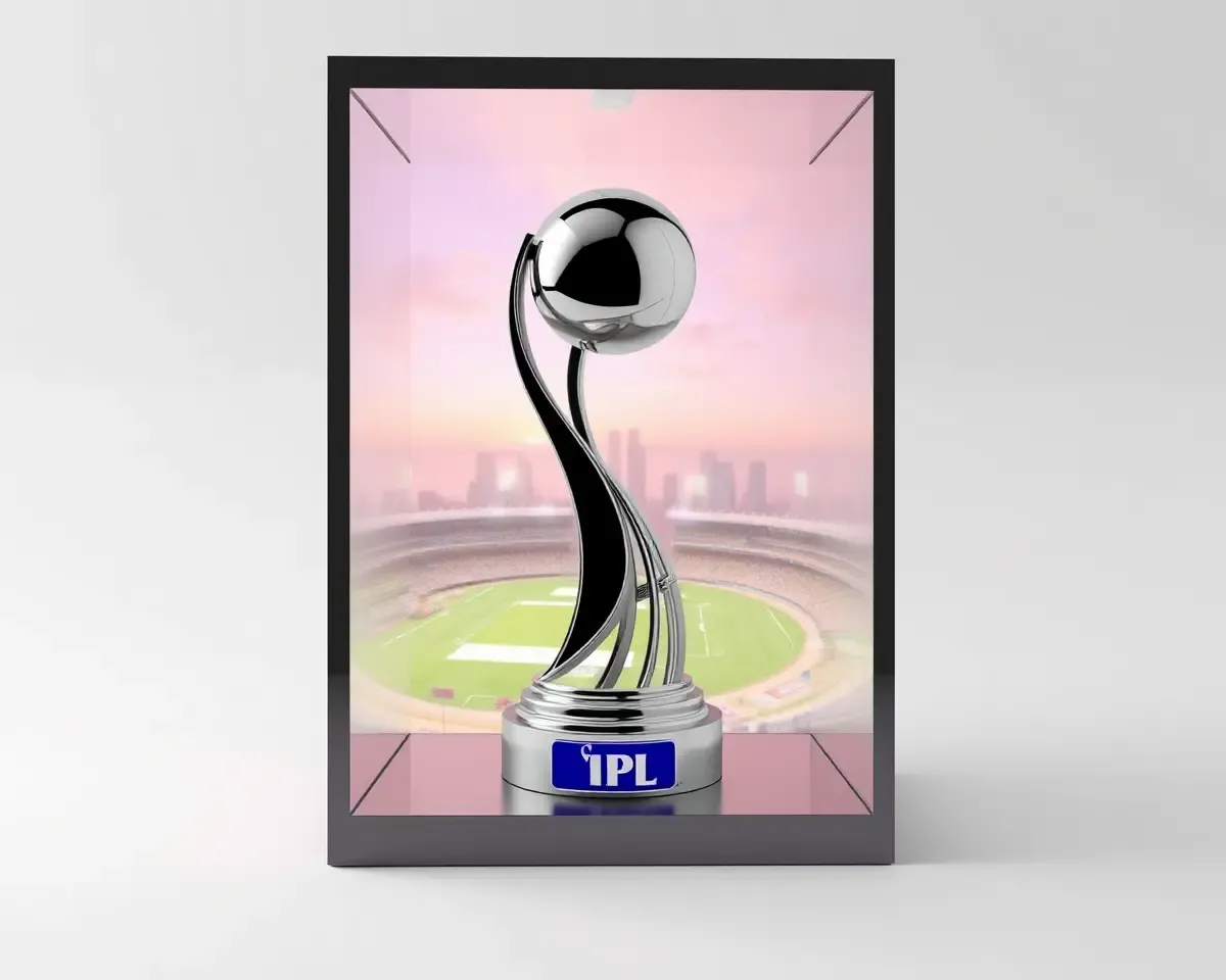 3D IPL Trophy in Glass Case with City Skyline