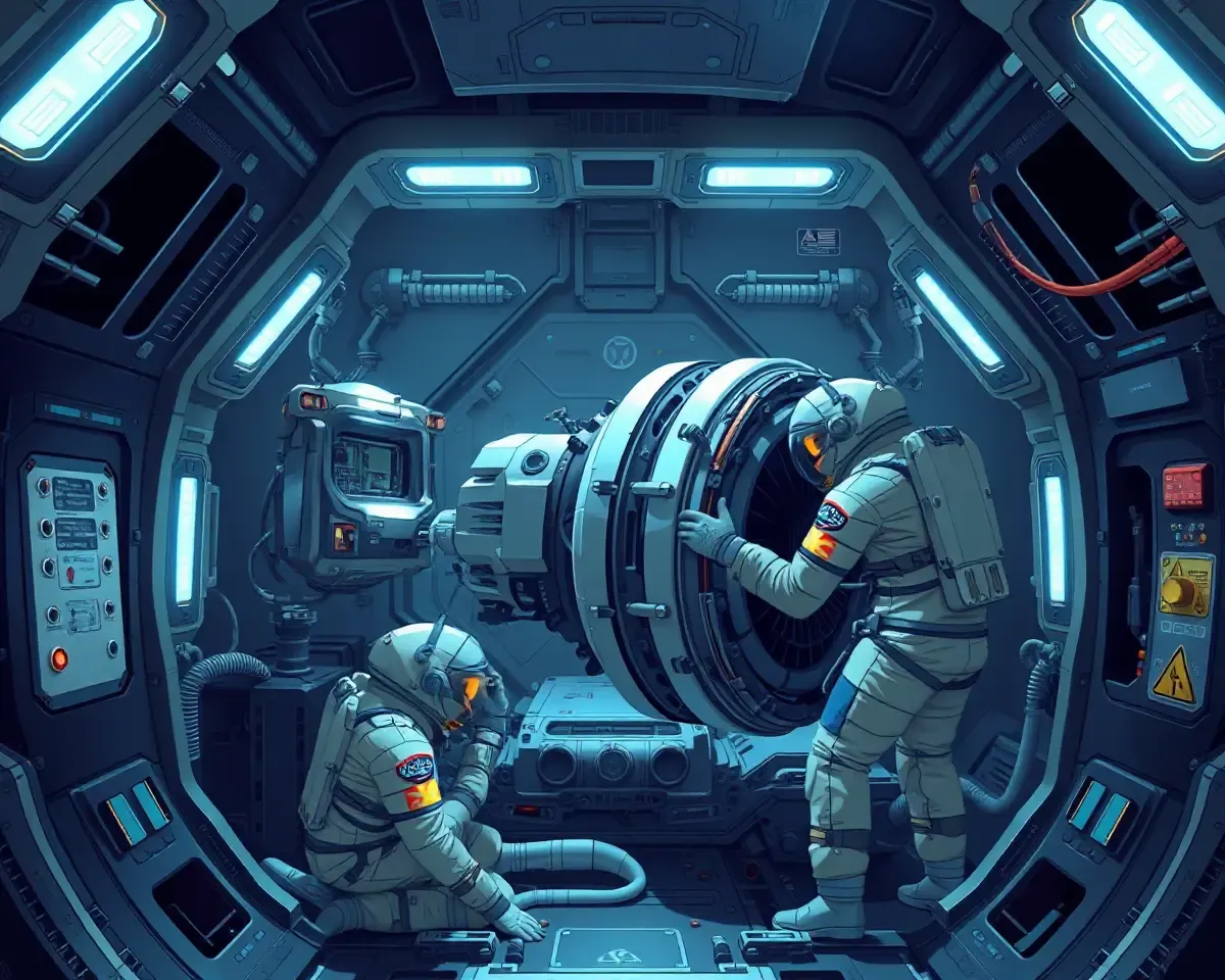 4K Illustration of Endeavour's Interior with Astronauts Fixing Engine