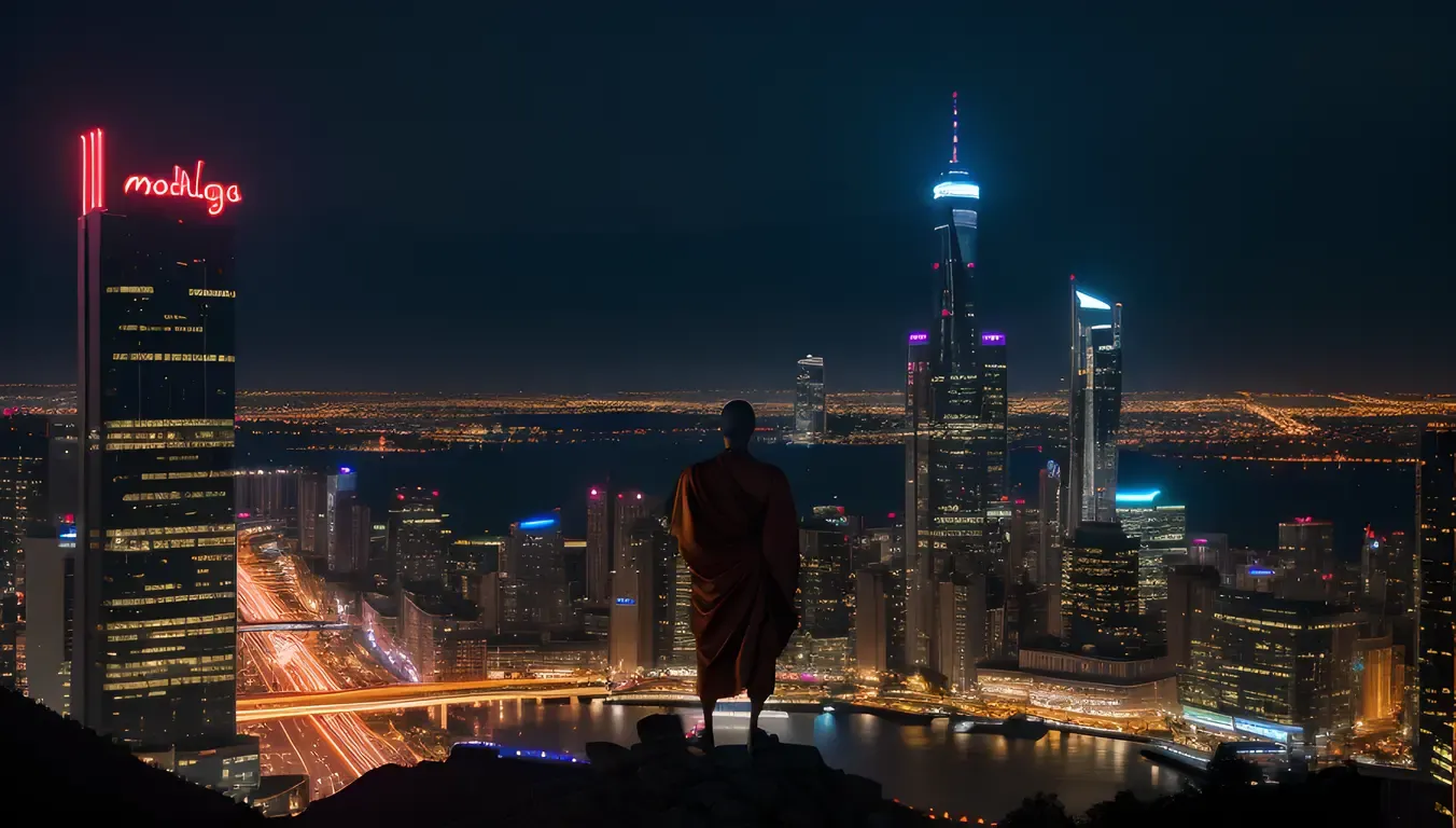 AI Monk on Mountain with Cityscape and Neon Lights