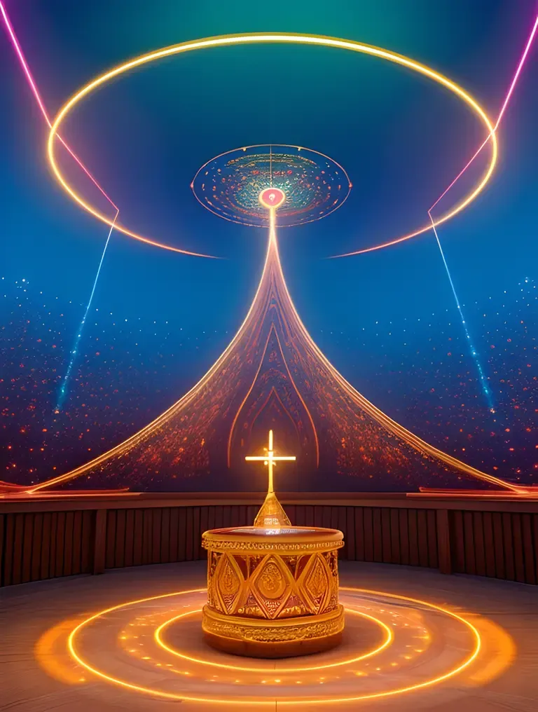 AI-Powered Altar Surrounded by Monks and Holographic Projections