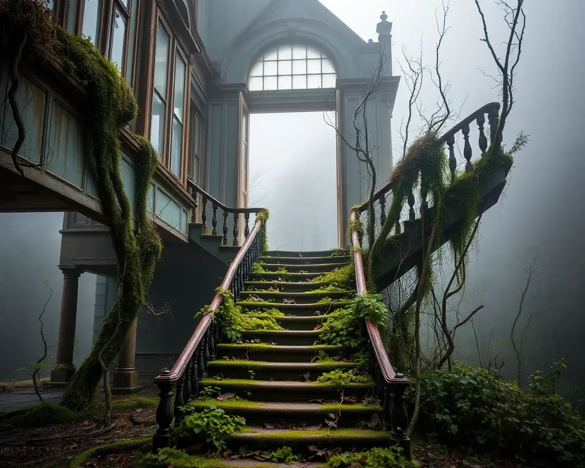 Abandoned Mansion's Worn-Out Vestige of Grand Staircase Against Misty Background