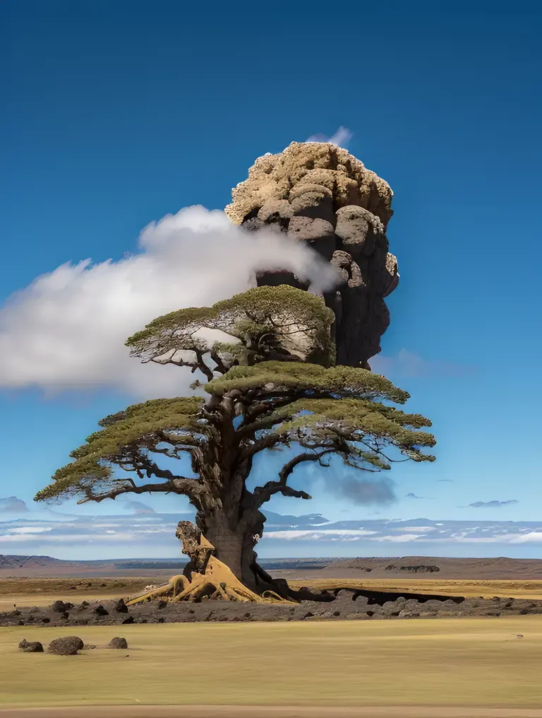 Action-packed Scene of Extinct Volcano with Ancient Tree Growing