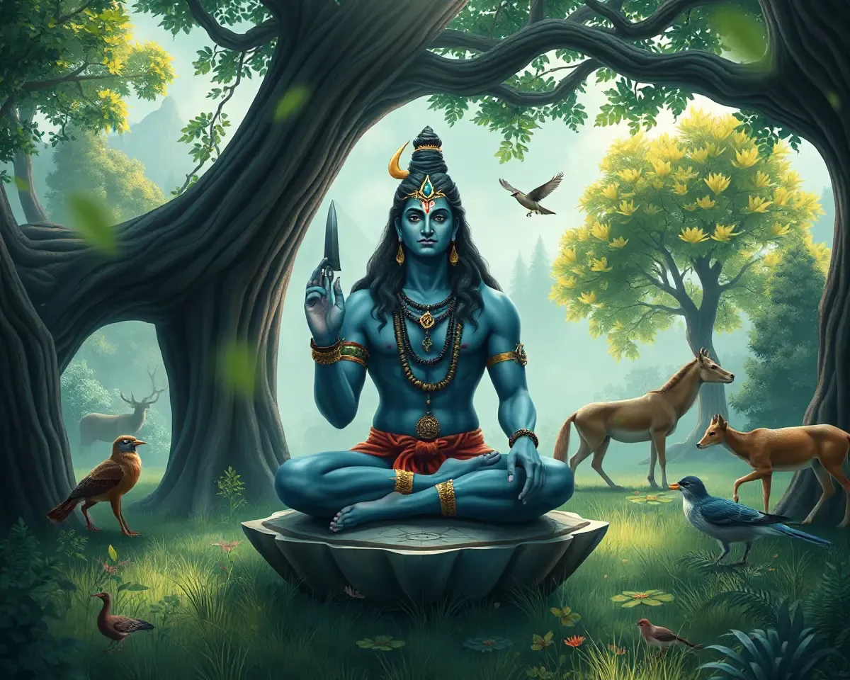 Adiyogi Shiva in Peaceful Forest Glade with Harmony and Balance