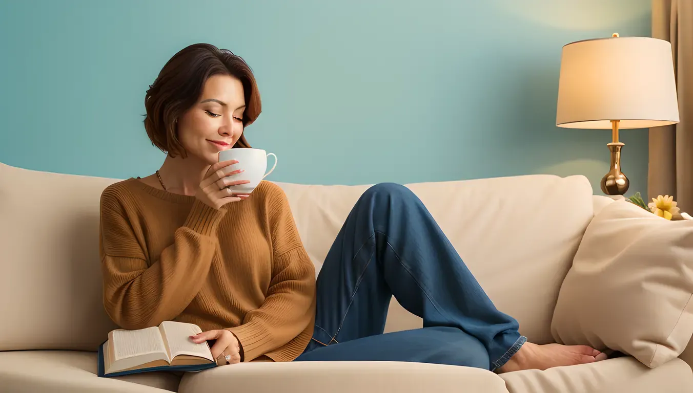 Adult Aunty's Cozy Afternoon with Tea and Book