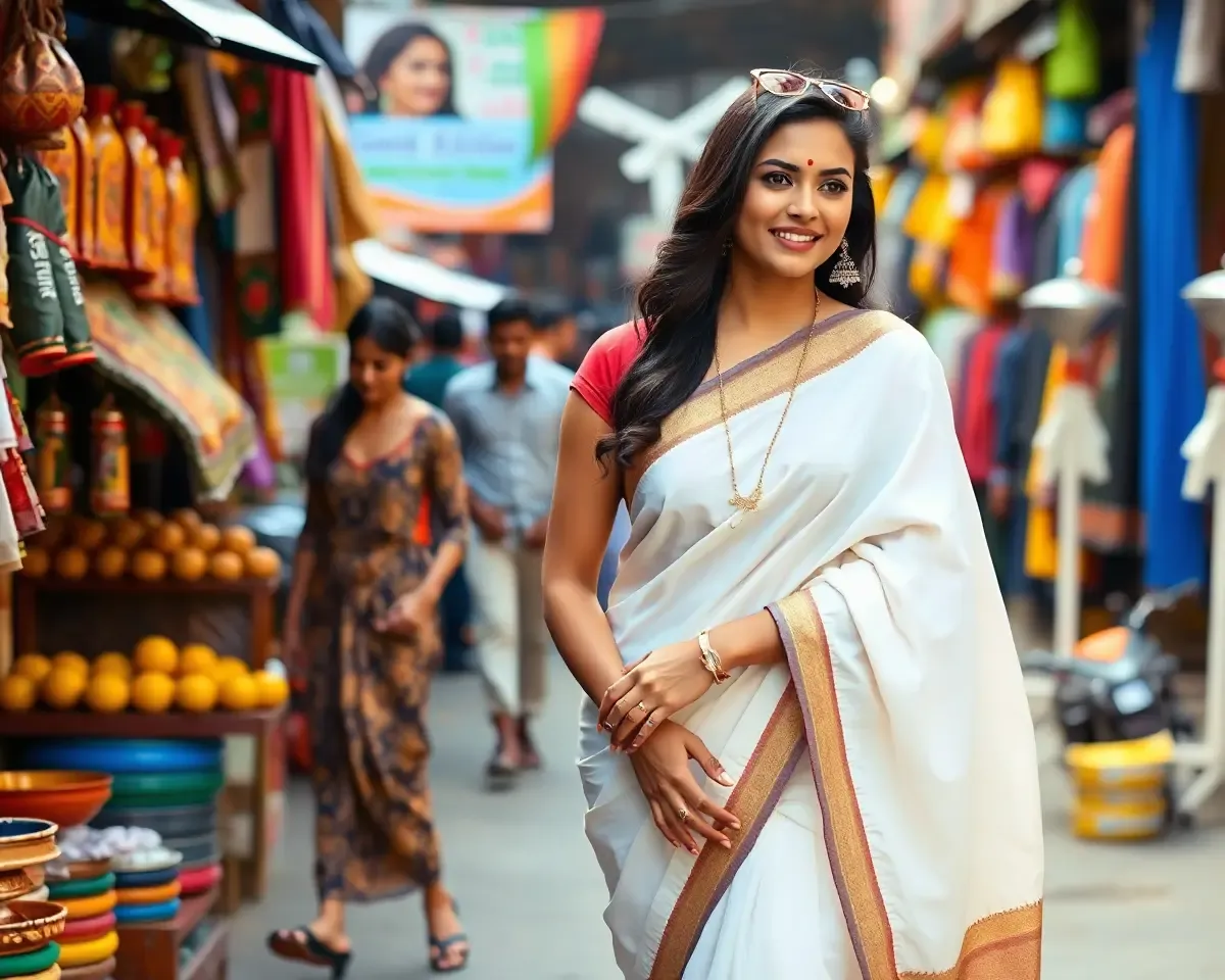 Adventurous White Saree Woman in Bustling Market